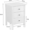 A white bedside table with three drawers, shown with dimensions indicated by measurement lines and text. Produktbild-Vorschau