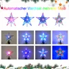 A collage of images showing different Christmas tree topper stars with LED lights, some on top of trees. Produktbild-Vorschau