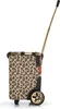 A side view of a leopard-print shopping trolley on a white background. Voir les images du produit