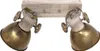 A two-headed spotlight fixture with brass lampshades and wooden accents mounted on a light-colored wooden base. Produktbild-Vorschau