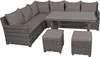 A grey rattan corner sofa set with a glass-topped table and two ottomans, displayed on a white background. Produktbild-Vorschau