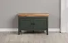 A dark green cabinet with a wooden top sits against a light gray wall and white baseboard, on a light wood floor. Anteprima dell’immagine prodotto