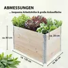 A wooden raised garden bed filled with various plants, with dimensions indicated by text overlays. Produktbild-Vorschau