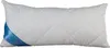 A white pillow with a blue band on the left side.