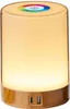 A close-up, front-facing studio shot of a cylindrical LED table lamp with a wood-grain base. Produktbild-Vorschau