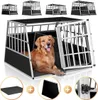 A golden retriever dog is inside a large, sturdy aluminum dog crate. The crate has a trapezoidal shape and appears to be designed for travel or transport. Several smaller images around the main image show different angles or components of the crate, includ Anteprima dell’immagine prodotto