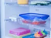 Inside a refrigerator, showing various food storage containers and frozen items on shelves. Anteprima dell’immagine prodotto