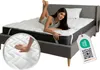 A woman is lying on a mattress on a bed, with a close-up inset showing a hand pressing into the mattress. A tag with a QR code and certification is also visible. Produktbild-Vorschau