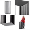 A collage of four images showing a black metal firewood rack from different angles, including a close-up of the top and bottom, and a woman standing next to it. Náhled obrázku produktu