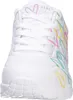 A close-up, front-facing view of a white Skechers sneaker with colorful abstract designs. Produktbild-Vorschau