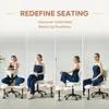 Four panels showing a woman in different relaxing positions on a white chair, with text overlay. Produktbild-Vorschau