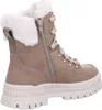 A side view of a single beige boot with white fur trim and a thick white sole. Voir les images du produit