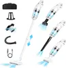 A collage of a white cordless vacuum cleaner and its accessories, with blue accents indicating suction. Náhled obrázku produktu