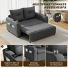 A dark gray sofa bed is shown in a living room setting, with close-up insets highlighting its features. Voir les images du produit
