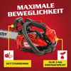 A red and black chainsaw is shown against a red background, with yellow lines pointing to features and text overlays. Produktbild-Vorschau