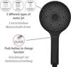 A black shower head with diagrams and text explaining its features. Produktbild-Vorschau