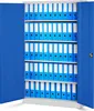 A blue metal filing cabinet with its doors open, revealing multiple shelves filled with blue binders. Voir les images du produit