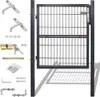 A set of garden gate components, including the gate itself, hinges, handles, lock, and keys, laid out against a white background. Produktbild-Vorschau