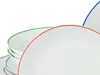 A stack of white plates with colored rims, viewed from a diagonal angle. Produktbild-Vorschau