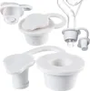 A collage of white rubber stoppers with attached caps, some with a loop handle, and one shown attached to a glass tube. Voir les images du produit