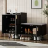 A black shoe cabinet with a padded seat on top, featuring multiple doors and shelves, displaying various shoes and a small box. Podgląd zdjęcia produktu