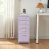 A purple filing cabinet with five drawers is shown in a room with a white desk and a sheer white curtain. Voir les images du produit