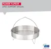 A steam basket with a handle and legs, placed on a white background with a gray graphic overlay containing text and a logo. Produktbild-Vorschau