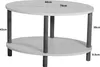 A two-tiered oval coffee table with wooden legs, shown with dimensions indicated by text. Voir les images du produit