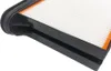 A close-up, angled view of a white pleated air filter with an orange trim and a black plastic frame, set against a white background. Produktbild-Vorschau