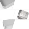 Collage of images showing a silver aluminum soap dish with a draining grid and a separate lid. Produktbild-Vorschau