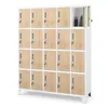 A white metal locker unit with light wood-effect doors, shown against a white background. One top locker door is open, revealing two dark bottles inside. Voir les images du produit