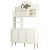 A cream-colored coffee bar cabinet with arched doors and gold legs, featuring shelves and a decorative 'Coffee' sign. Produktbild-Vorschau
