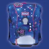 A blue school backpack with a starry night pattern and pink accents, presented against a solid blue background. Anteprima dell’immagine prodotto