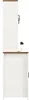 A side view of a tall kitchen cabinet with a brown top and white doors. Produktbild-Vorschau