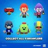 A collage of five small collectible figures from the game Brawl Stars, arranged in two rows against a blue gradient background. The Brawl Stars logo is in the top left corner. Text at the bottom reads 'COLLECT ALL 5 BRAWLERS'. Anteprima dell’immagine prodotto