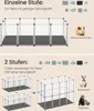 Diagrams showing how to assemble a pet enclosure in one or two levels, with accompanying text and images of small pets. Produktbild-Vorschau
