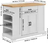 A white kitchen island with a wooden countertop, showing various dimensions and measurements. Náhľad obrázku produktu