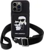 A black iPhone case with a crossbody strap, featuring a graphic of Karl Lagerfeld and his cat Choupette. Produktbild-Vorschau