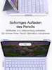 A tablet with a keyboard and stylus attached, displaying a colorful screen. Produktbild-Vorschau