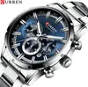 A close-up studio shot of a men's wristwatch with a blue dial and silver metal band. Produktbild-Vorschau