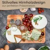 A cheese board with various cheeses, grapes, jam, and rosemary on a wooden board, set against a dark, textured background. Produktbild-Vorschau