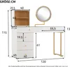 A white dressing table with drawers, a cabinet, and a lighted mirror, with dimensions shown in centimeters. Voir les images du produit