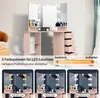 Collage of images showing a pink vanity table with LED lights and different lighting options. Voir les images du produit