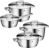 A set of stainless steel pots with lids, arranged in a studio shot against a white background. Produktbild-Vorschau