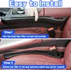 Two-panel image showing the installation steps for a car seat gap filler. Produktbild-Vorschau