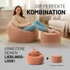 A woman is sitting on a large beanbag chair next to a smaller ottoman in a living room setting. Below, there are smaller images of the beanbag and ottoman with a plus sign, suggesting a combination or set. Voir les images du produit