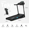 A black treadmill with blue accents, shown in a studio setting with overlaid text and dimensions. Podgląd zdjęcia produktu