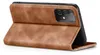 A brown leather flip case for a smartphone is shown from the back, with the phone partially inserted. Produktbild-Vorschau