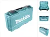 A teal Makita plastic transport case for reciprocating saws is shown against a white background. Multiple views of the case are presented. Voir les images du produit