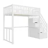 A white loft bed with stairs and storage is shown against a white background. Voir les images du produit